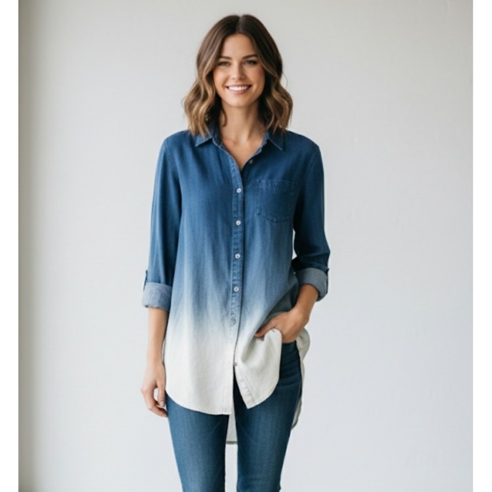 Anthropologie Holding Horses Ombré Chambray button up shirt XS Long Blue N41